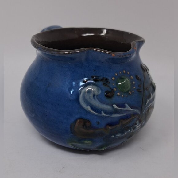 CH Brannam Barum Pottery Ceramic Mini Jug 1900 Dated Frog Fish Waves Blue 2.25" - Picture 6 of 16